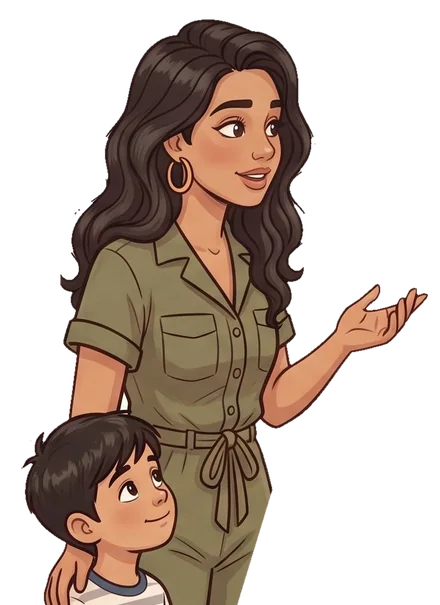 Illustration of Claudia, a mom with long dark hair, and her young son Nico beside her. She looks curious and gestures with one hand.